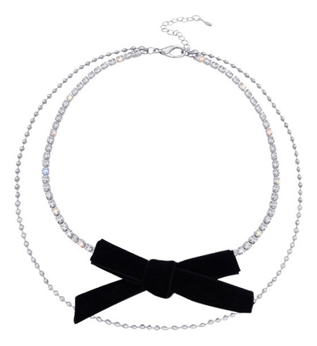 Choker De Terciopelo Doble Con Moño Y Cadena De Cristal
