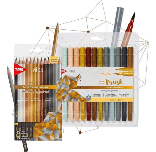 Kit Lapis De Cor + Caneta Brush 2 Pontas Tons Escandinavos