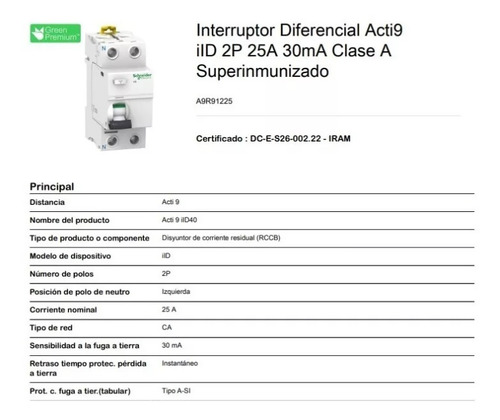Interruptor diferencial Schneider Acti 9 A9R91225