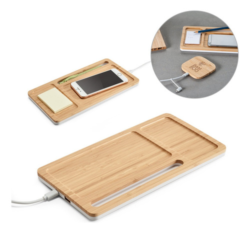 Carregador Wireless E Organizador De Mesa Em Bambu