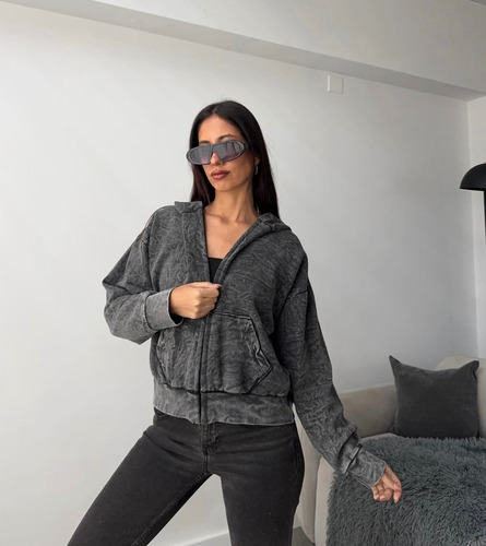 Campera Buzo Jaspeado Con Capucha Mujer Moda Vintage Premium