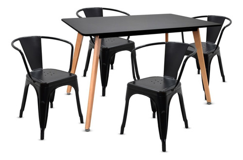 Mesa Negra Rectangular Eames + 4 Sillas Tolix Metalicas