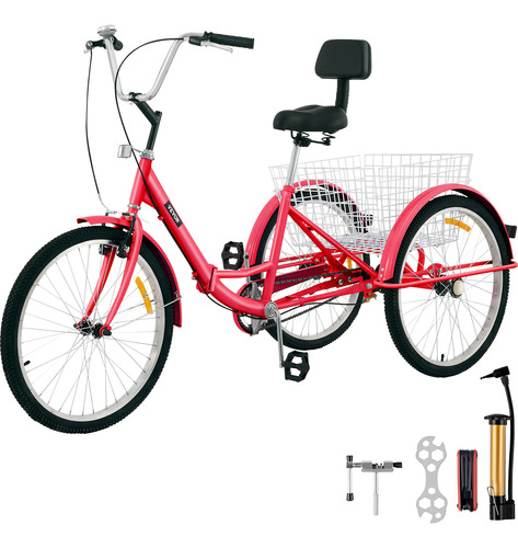 Vevor Triciclo Plegable Adultos Bicicleta 24puLG Cesta Rojo