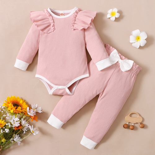 Conjunto De Mameluco Rosa De Algodón Suave Bebé Con Moño