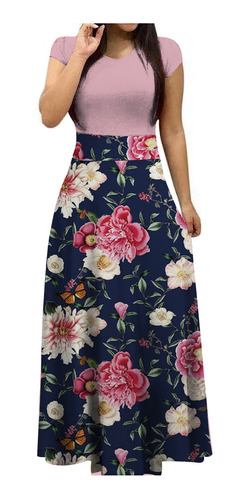 M Vestido Mujer Moda C316 Manga Corta Estampado Floral Redon