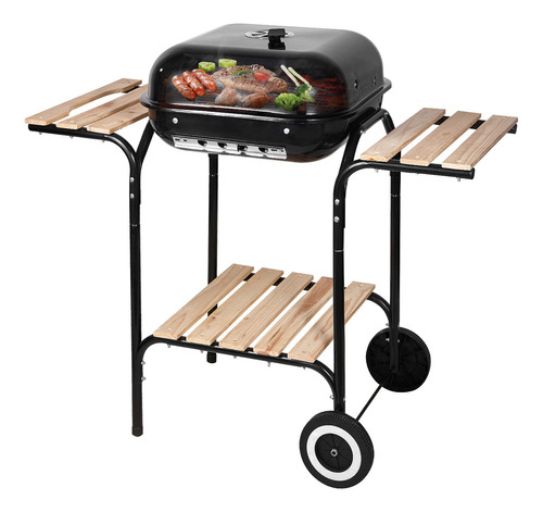  Sangkee K10135 Asador de Carbón 47 * 45cm Parrilla Grill Para ahumador al aire libre con mesas auxiliares 3 Estantes de Almacenamiento de Madera con Ruedas color negro