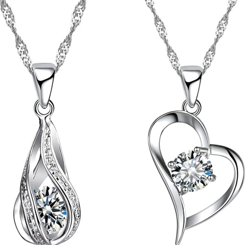 2 Collares Con Colgante Gota Corazón Plata 925 Mujer Regalo