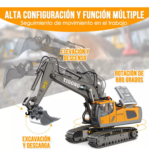 Juguete de Excavadora Slowton Control Remote Amarillo Niños 11 Canales 2.4g Recargable con Luces Sonidos