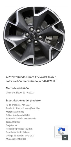 Rin 20 Original De Chevrolet Blazer 2019 Al 2022 Gris Oscuro (Usado)