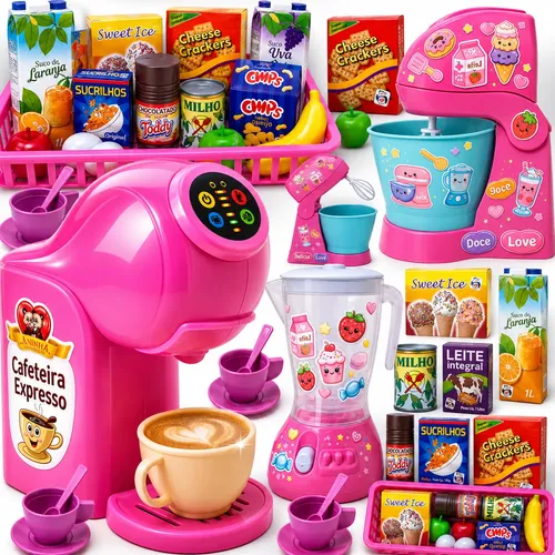 Kit de cozinha de brinquedo rosa com eletrodomésticos e comidinhas