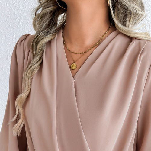 Camisa Feminina De Chiffon Com Decote Em V Lantern Commuting