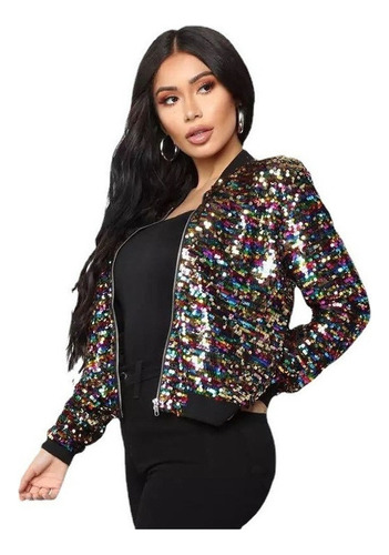 Chaqueta Bomber Color Con Lentejuelas Brillantes 2023