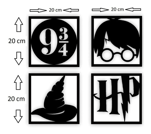 Kit 4 Quadros Decorativos Mdf Vazado Harry Potter Preto