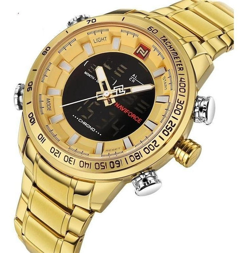 Relógio Masculino Dourado Naviforce 9093 Inox Digital Luxo