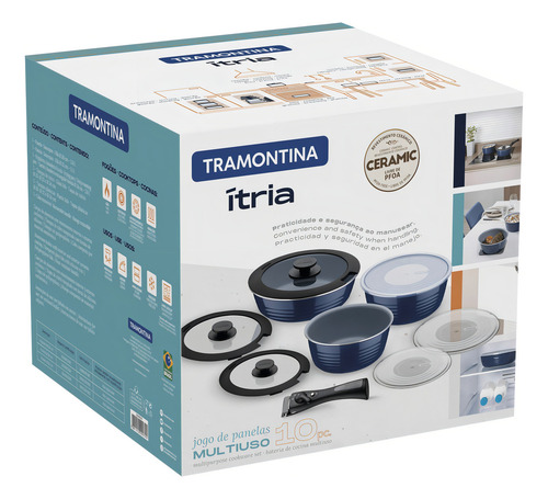 Conjunto de utensílios de cozinha de cerâmica multifuncional Tramontina, 10 peças, cor azul