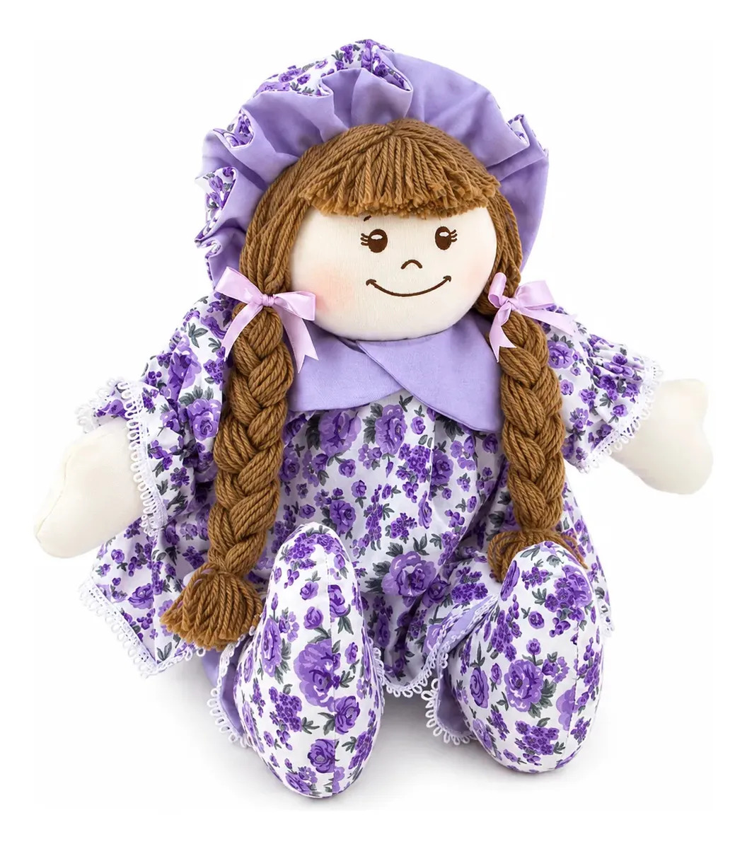 Boneca De Pano 60cm vestido estampado floral 60cm Infantil Decoração Cor Lilás
