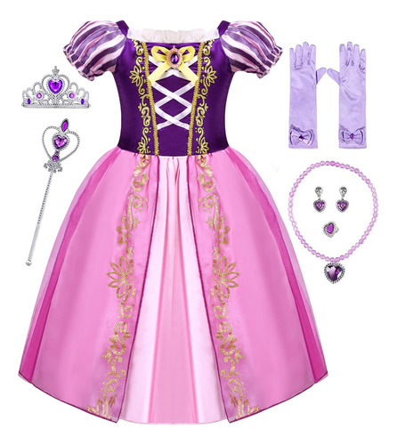 Vestido De Princesa Rapunzel, Disfraz De Falda Larga/ Tangled Diseña Niña, Halloween, Fiesta De Cumpleaños O Cosplay, Vestir Con Accesorios