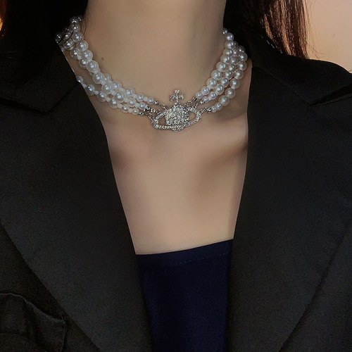 Collar De Perlas De Saturno Con Diamantes Multicapa