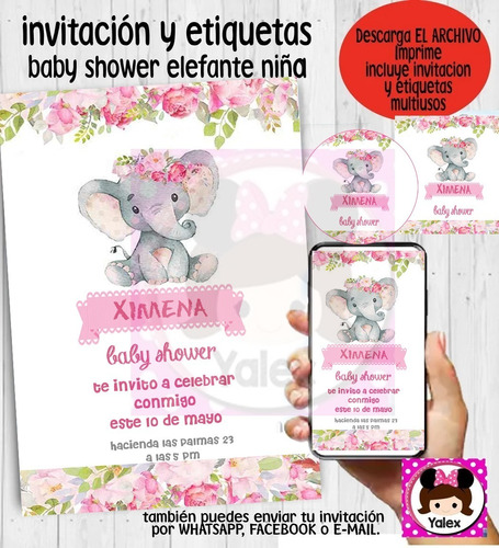 Invitación Baby Shower Niña Digital Imprimible Elefante