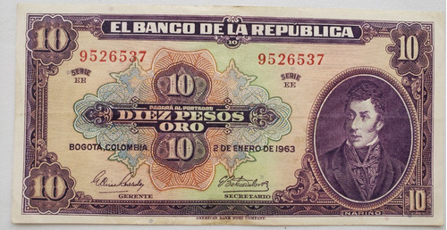 Billete 10 Pesos Colombia Enero 2 1963 // 7 Dígitos