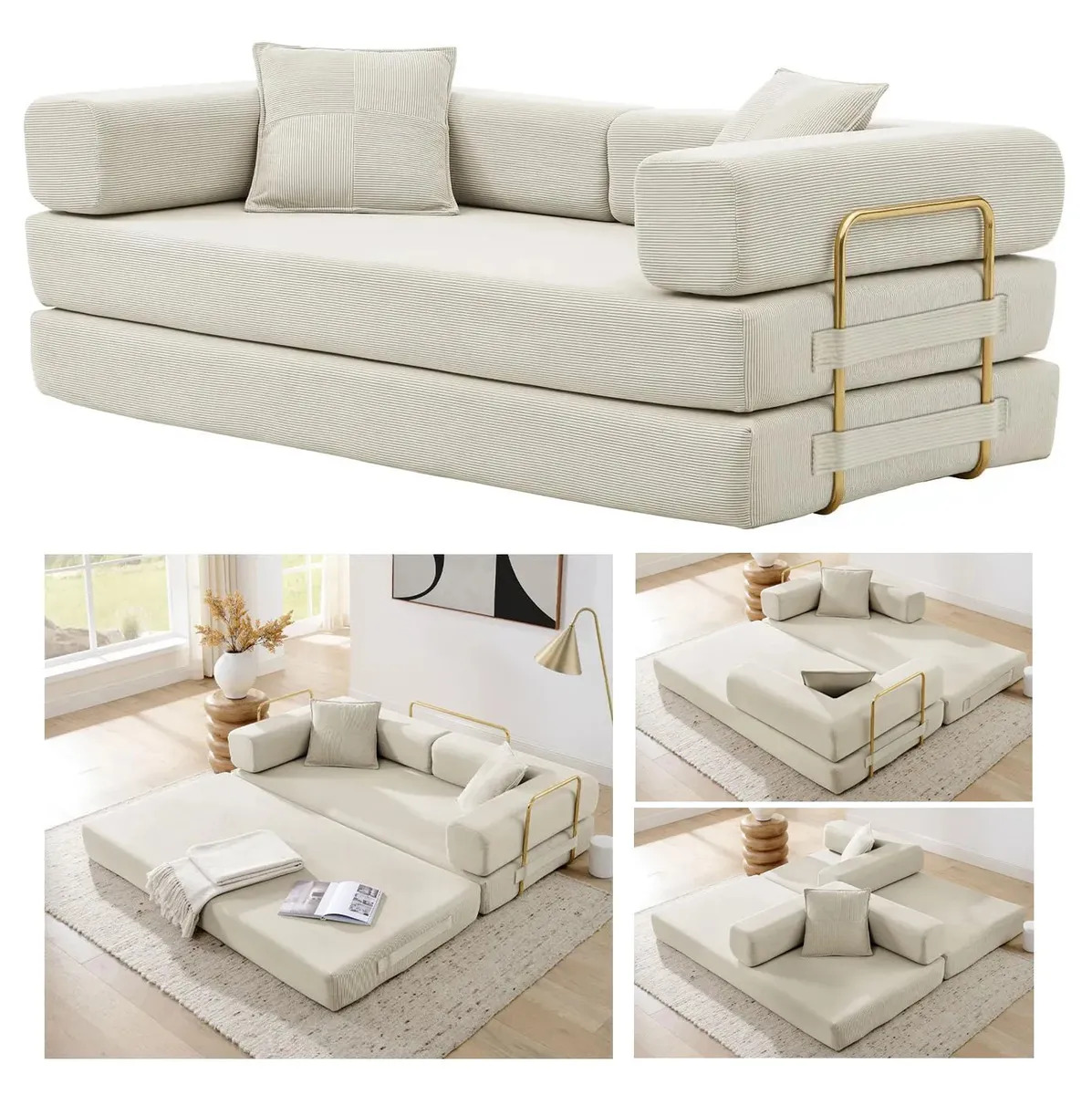 Sofá Cama Plegable Convertible 4 En 1, Sofá De 78 Pulgadas Sin Estructura Rígida Con Marco De Forma Fija, Sofá Biplaza De Pana Con Cama Extraíble, Sofá De Suelo, Sofá Modular Futón Para Sala De Estar