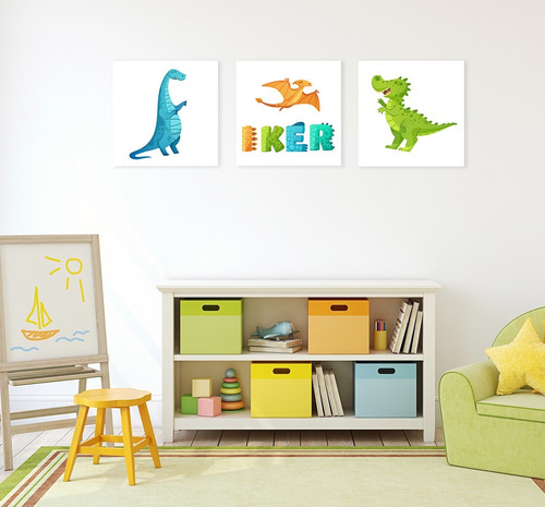 Dinosaurios Con Tu Nombre Niños Cuadros Canvas Decorativos