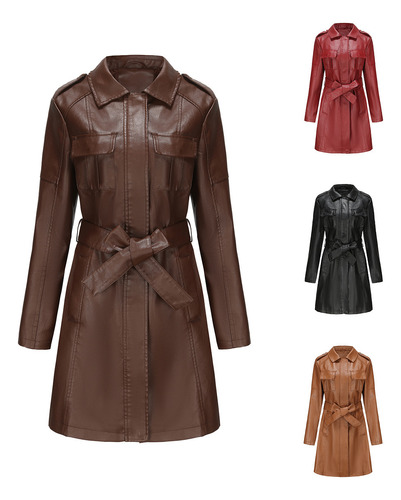 Gabardina De Cuero Con Cinturón Para Mujer Abrigo Largo