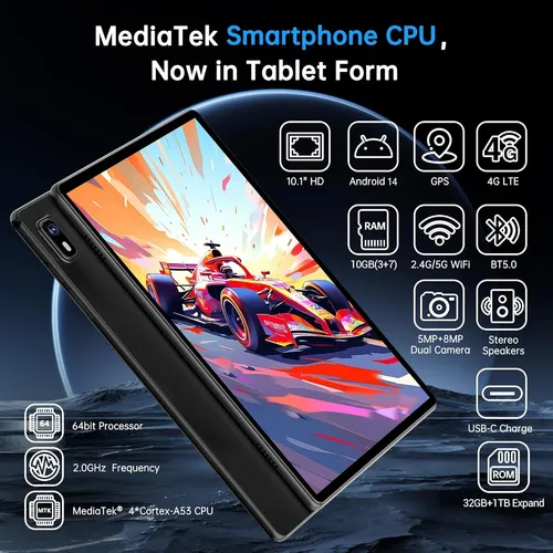 Tablet Android 14 (10.1'') 10gb(3+7)ram + 32gb Rom, Negro