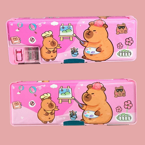 Lapicera Rígida Cartuchera Con Sacapuntas Capibara Stitch Lapicera Capi Rosa