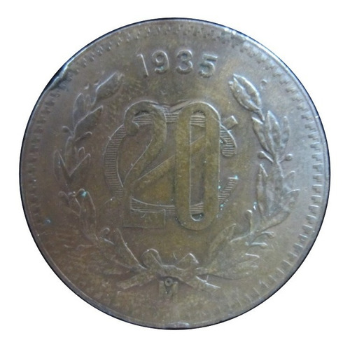 20 Veinte Centavos Mexico 1935 Cobre Monograma Escasa