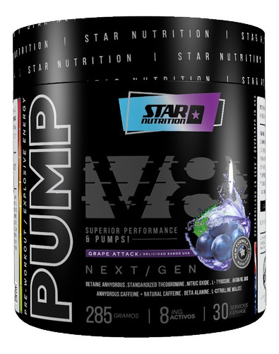 Suplemento en polvo Star Nutrition  Pump V8 aminoácidos sabor grape attack en pote de 286g