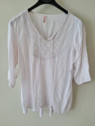 Camisa Blusa Bordada Blanca Mujer Talle Large Manga 3/4