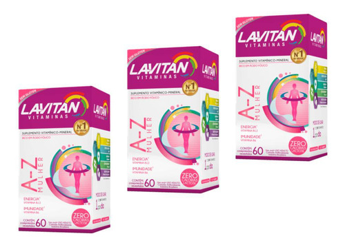 Kit Com 3 Vitaminas Lavitan A-z Mulher Com 60 Comprimidos