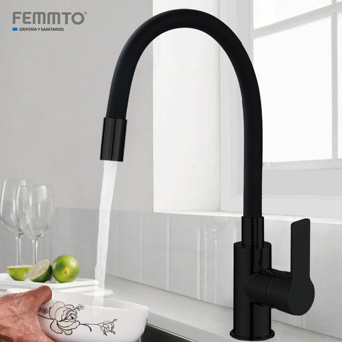 Imagen 8 de 9 de Griferia Cocina Canilla Monocomando Cuello Goma Negra Mate