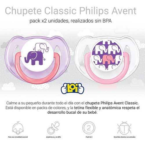 Imagen 5 de 7 de Pack X2 Chupetes Avent Classic 6-18m Anatómicos Loi