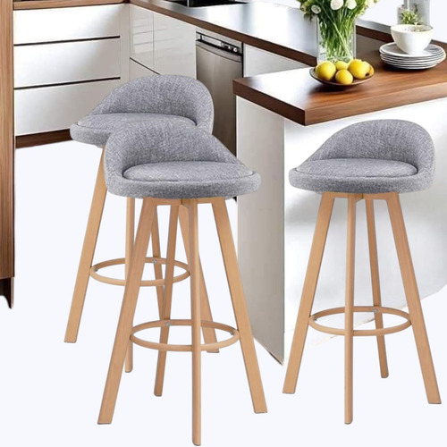 Set De 3 Sillas Giratorias Tapiz Tela Lino Pata Color Roble Lino Marrón Claro Gris