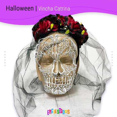 Vincha Catrina Con Velo Y Flores Calaca Cotillon Halloween Rojo Y Negro