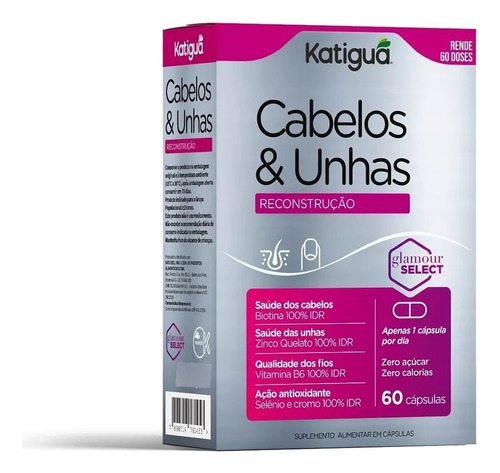 Suplemento Cabelos Unhas Reconstrução 0%açucar 60cap Katigua Sabor sem sabor 60 capsulas