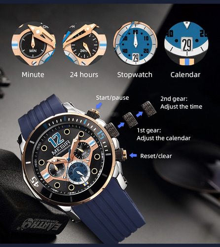 Reloj De Cuarzo Megir 2206 Para Hombre, Deportivo, Multifunc