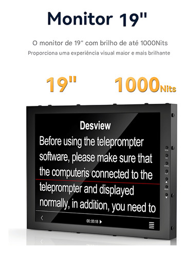 Teleprompter Portátil Desview Tp300 Monitor 19' Hdmi Sdi