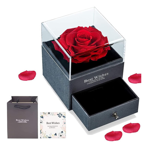 Rosa Flor Preservada Eterna Con Cajon Y Bolsa Regalo