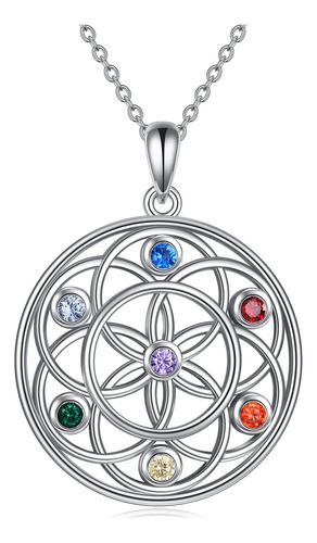 Yfn 7 Chakra Flor De La Vida Collar Plata Esterlina Chakra