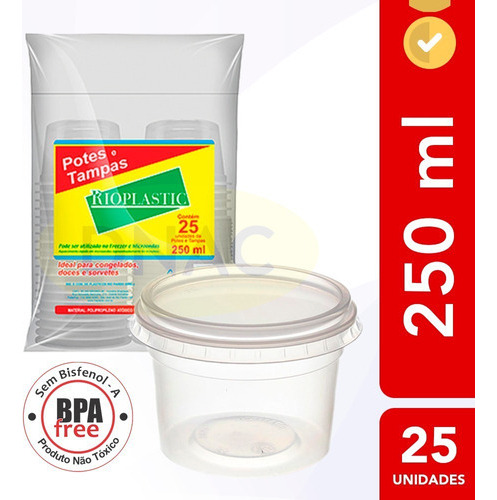 Pote Descartável Redondo C/ Tampa Transparente 250ml - 25un Cor Transparente