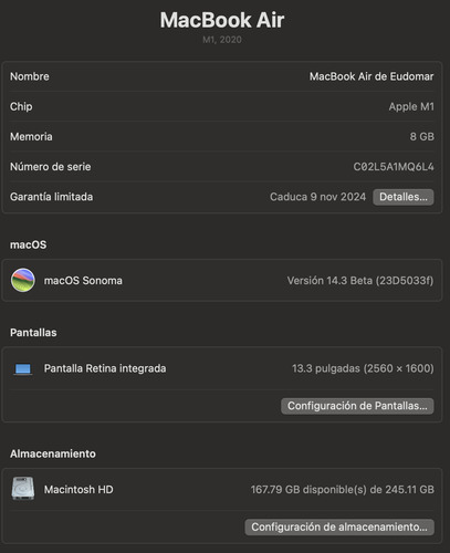 Macbook Air M1 2020 13.3 Capacidad Batería 100% Poco Uso (Usado)