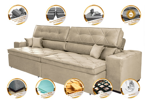 Sofá Austin 2,42m Retrátil, Reclinável com Molas no Assento e Almofadas, Suede Bege Cama inBox