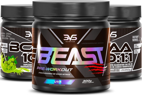 Kit 2 Potes do Bcaa 10:1:1 Concentrado 250g Sabor: Uva Verde + Pré Treino Beast 300g Sabor: Uva