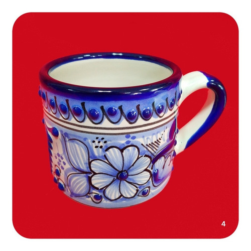 Imagen 6 de 10 de Set 6 Tazas De Talavera Poblana Azul Tradicional 300ml Tz