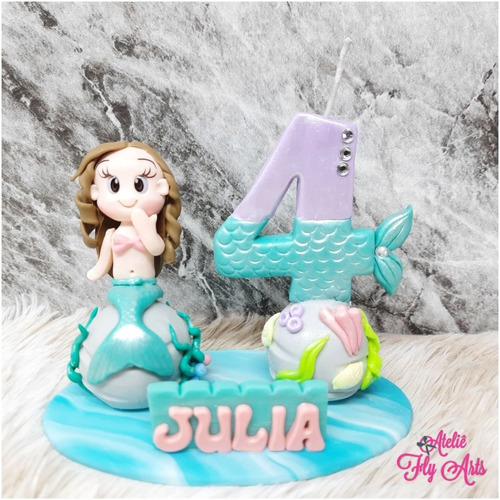 Imagem 9 de 9 de Topo Bolo Personalizado Biscuit Vela Sereia , Fundo Do Mar