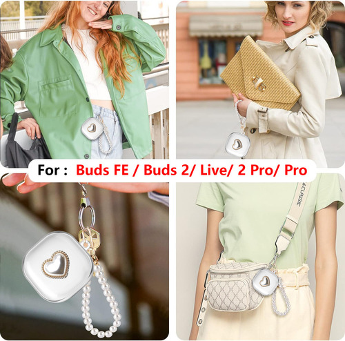 USDILU Funda Case Para Samsung Galaxy Buds Fe / 2/ live / 2 Pro Con Pulsera Joyería Uso Carcasa Silicona Mujer Niñas Color Transparente Con Llavero Soporte Cover Espesamiento