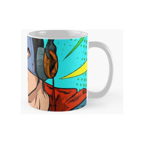 Taza Portada De Un Cómic De Un Superhéroe Con Auriculares Ca